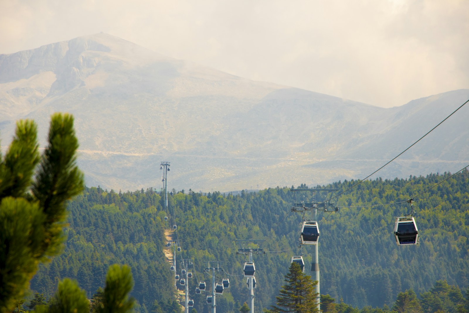 Cable-car cabins crossing a mountain landscape